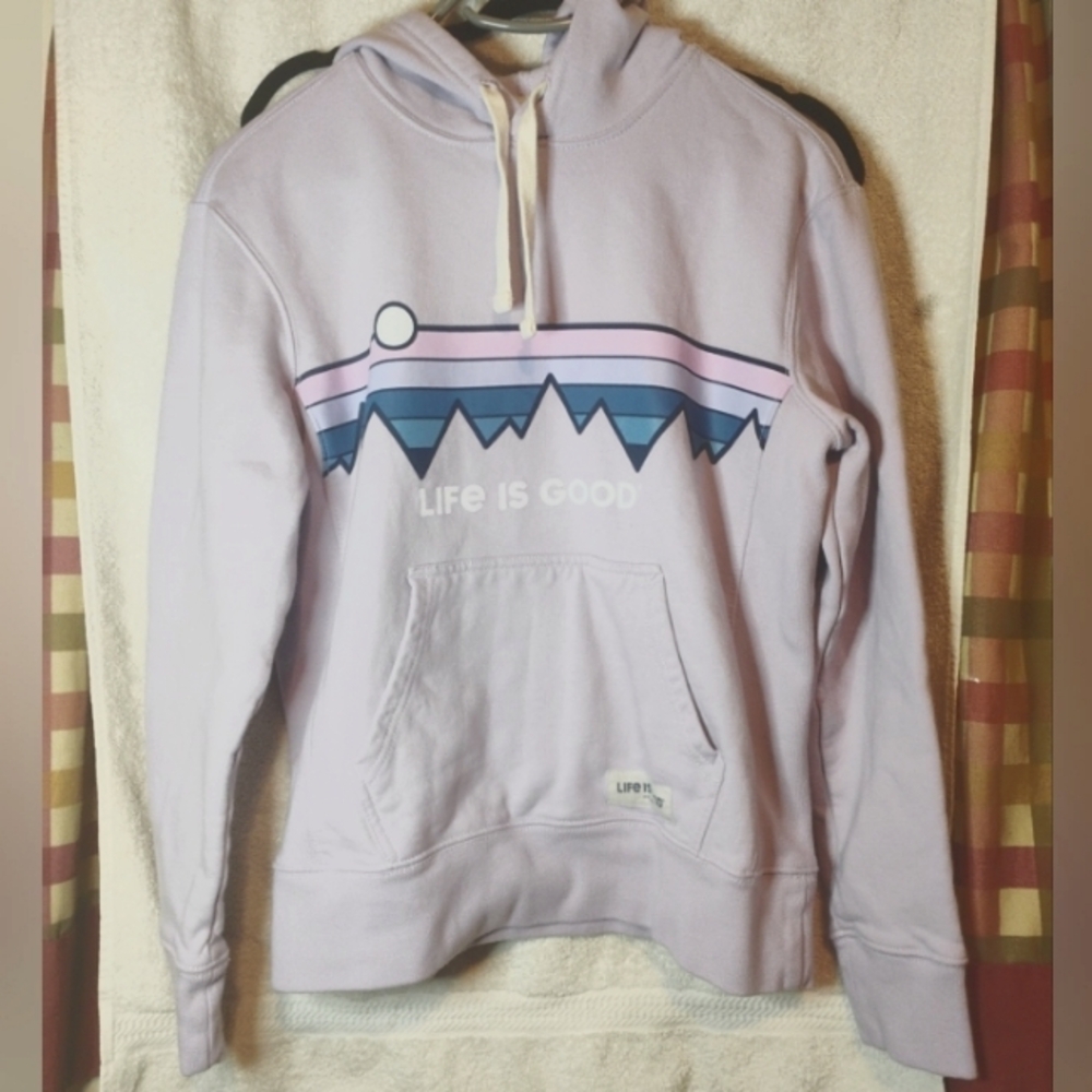 Life is Good Retro Mountain Stripe Purple Hoodie Sweatshirt Womens Small Vibes